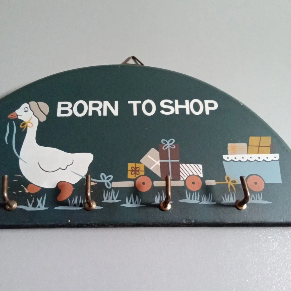 Vintage Born To Shop Goose Wooden Key Rack 4 Hook Wall Hanging Decor Teal